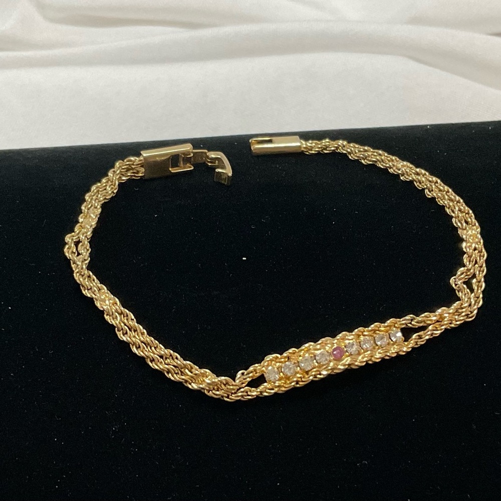 Vintage Metal Double Chain Alexis Bracelet with CZs & Ruby Stone